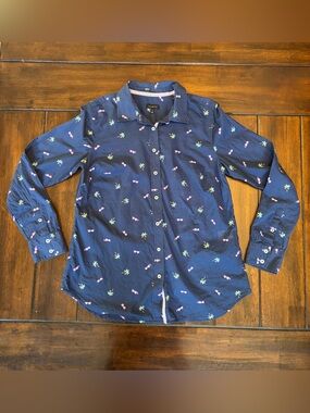 Talbots Navy Palm Tree Summer Button-Down Cotton Shirt with Pink Sunglasses S